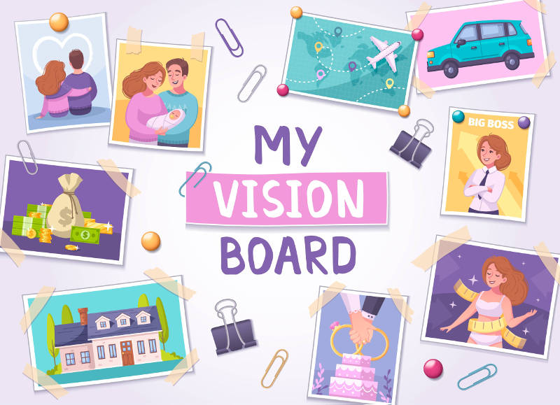 graphic of a vision board which is a step to setting goals